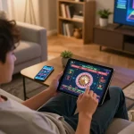 Player enjoying rr99 online casino gaming on a tablet, showcasing a vibrant roulette wheel.