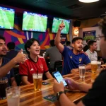 Bettors celebrating bola piala dunia 2026 in a lively sports bar, placing bets and enjoying the atmosphere.