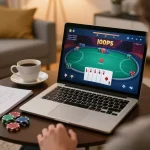Player enjoys online poker on laptop while using f8bet gaming strategies at home