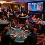 Players excitedly placing bets at a lively casino roulette table while enjoying the gaming experience with qrcodegenerator1.