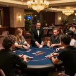 Players strategizing their next move at the fun79 VIP poker table in an upscale casino setting.