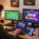 Enthusiastic user placing bets on FB88 platform in a vibrant home office setup.