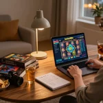 Person engaged in lucky88a online gaming on a laptop at home, showcasing a cozy and responsible gambling environment