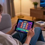 Player enjoying online casino games on NOHU90 with tablet at home.