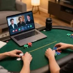 Players engage in a thrilling online poker game at home using one88 platform, showcasing strategic bets and vibrant chips.