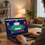 XIBET online gaming scene featuring a player engaged in a poker game on a laptop.