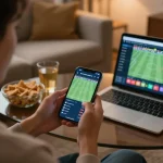 Engaging in VK88 sports betting with live odds displayed on smartphone in a cozy home setting