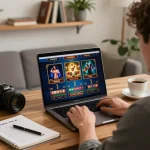 Player strategizing for online games on nk88 in a comfortable home office with betting notes.
