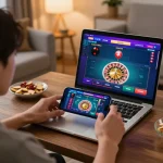 Player enjoying online casino gaming on go8 platform with vibrant interface and cozy home setting.