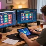 Engaging online gambling experience with a player enjoying RIKVIP poker on a tablet in a cozy home setting.