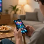 SX88 player excitedly betting on a smartphone with snacks around in a cozy environment.
