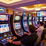 Players enjoying exciting slots at 23Win casino, vibrant ambiance filled with lights and sounds