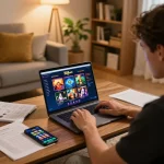 Engaged player experiencing 555win online casino interface in a cozy home setting