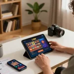 Gamer enjoying LV88 online casino on a tablet, showcasing engaging game interface in a cozy setup.