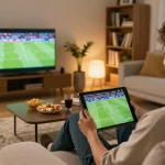 Lương Sơn TV live stream showing intense football action on a tablet in a cozy home setting