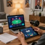 Person exploring Go8 gaming app on tablet in a stylish home office environment.