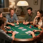 Friends enjoying a poker night at home with vu88, showcasing strategic gameplay and camaraderie.