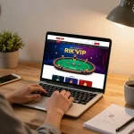 Player engaging with RIKVIP's poker interface at home, with strategy notes and a warm ambiance