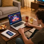 Engaged player enjoying LC88 online casino experience in a cozy living room with vibrant gaming graphics.