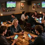 Bettori stressati che strategizzano presso bookmaker non AAMS sicuri in un vivace bar sportivo