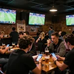 Betting strategies in a lively sports bar setting at ok365 with bettors engaged in excitement