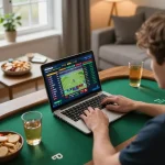 Player at home placing sports bets with TIP88 on laptop in cozy setting
