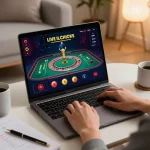 Engaging live dealer game on a laptop showcasing 78win in a cozy gaming setup