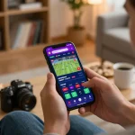 Engaging user betting on sports through the Website Five88 app in a cozy home setting.
