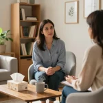 Bevorderende therapiesessie bij Emendare GGZ die openheid en genezing bevordert in een warme omgeving.