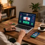Person enjoying online poker on 11win2 platform, showcasing strategic gameplay and a cozy home setting.