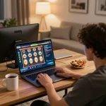 Miso88 player enjoying an online casino game in a cozy home setup with engaging visuals on screen