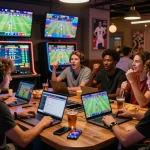 Interactive betting experience at Website Topbet, showcasing diverse bettors enjoying sports events in an engaging casino atmosphere.