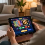 Player engaging with VU88 casino app on a tablet, showcasing online gambling experience in cozy setting.