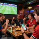 Soi kèo bóng đá with action-packed sports betting experience as friends cheer while placing bets