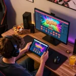 A person enjoys online casino gaming on gg88 app, showcasing an engaging home gaming setup with snacks and tablet.