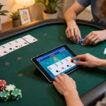 Players calculate bets while enjoying 3win's online poker game on a tablet in a cozy home