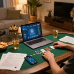 Playing poker online at home with 789WIN's interface, showcasing a cozy gaming setup