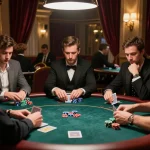 Players strategizing at the poker table in an upscale casino during XX88 tournament