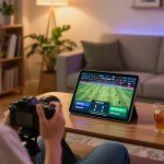 Player reviewing kèo nhà cái 5 on tablet during immersive sports betting session.