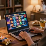 Engage with TA88 online slots in a cozy home gaming setup with high-resolution laptop screen