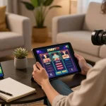 Engaging in online slot games on SSBET77 while relaxing at home with a tablet and notebook.