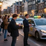 Passagiers bij een Taxi Amsterdam stand wachten op hun ritten met professionele chauffeurs en luxe voertuigen.