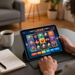 Khoảnh khắc thú vị của người chơi tận hưởng các máy đánh bạc LUCK8 trên máy tính bảng, nhấn mạnh lối chơi chiến lược và chơi game có trách nhiệm