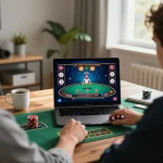 Player strategizing at O8 online casino while playing live dealer blackjack from home.