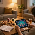 Engaging in a thrilling YO88 blackjack game, showcasing an inviting home gaming setup with cozy lighting.