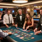 Exciting NK88 casino experience with players at a roulette table in a vibrant atmosphere.