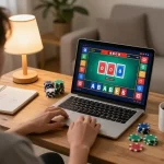 Player enjoying LU88 online baccarat in a cozy gaming setup with strategic notes.