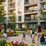 Affordable housing community at Website Five88, showcasing vibrant urban life and resident interactions.