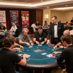Players engaging in a thrilling VK88 poker tournament at a luxurious casino.