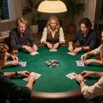 Poker game night with players enjoying thabete, colorful chips and drinks at a warm home setting.
